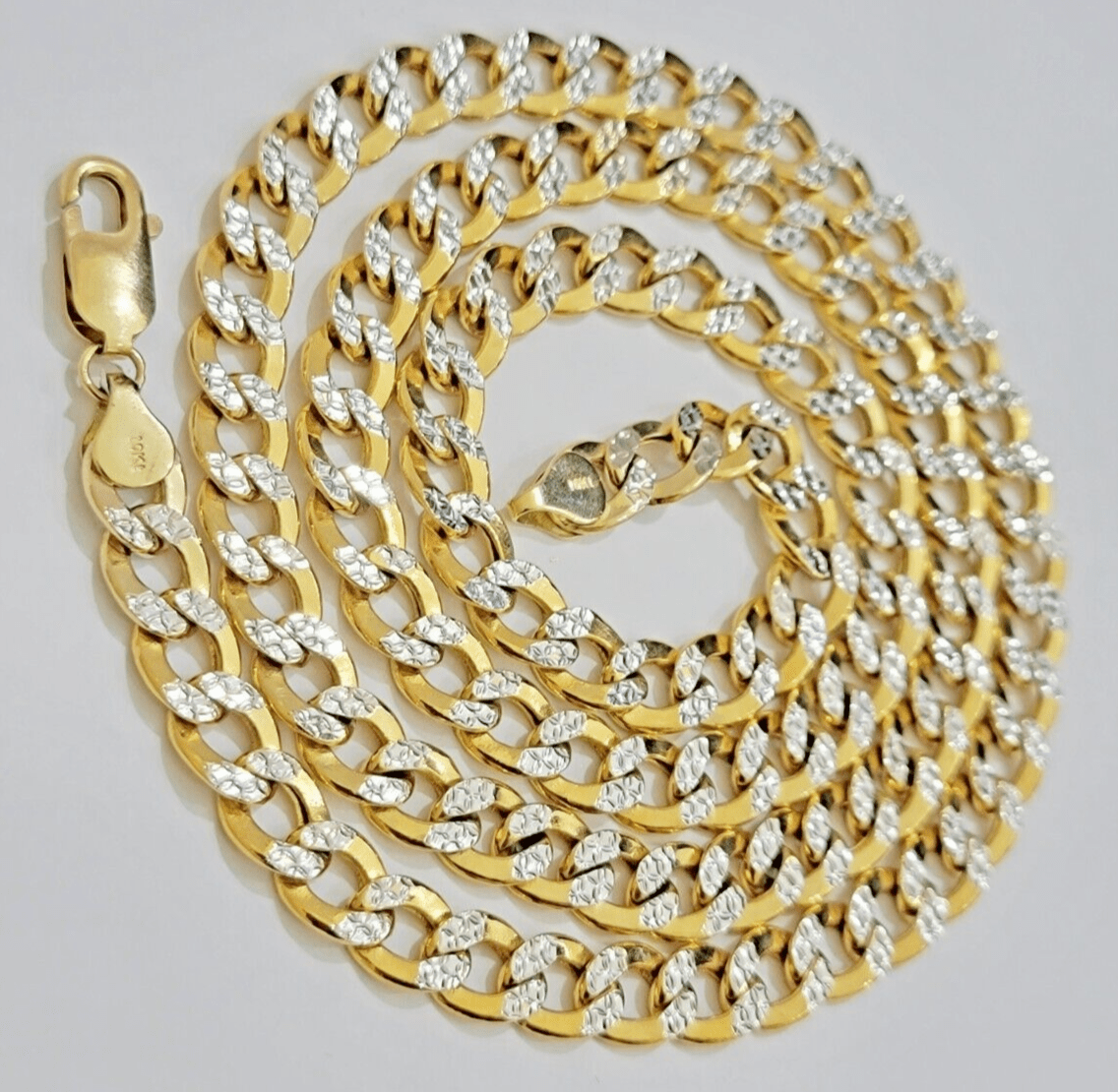 Real 10k Yellow Gold Chain Curb Link Necklace 8mm 22 Inch Diamond Cut Two - tone - Reva Jeweler