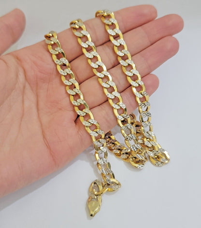 Real 10k Yellow Gold Chain Curb Link Necklace 8mm 22 Inch Diamond Cut Two - tone - Reva Jeweler