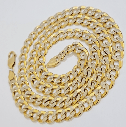 Real 10k Yellow Gold Chain Curb Link Necklace 8mm 26 Inch Diamond Cut Two - tone - Reva Jeweler