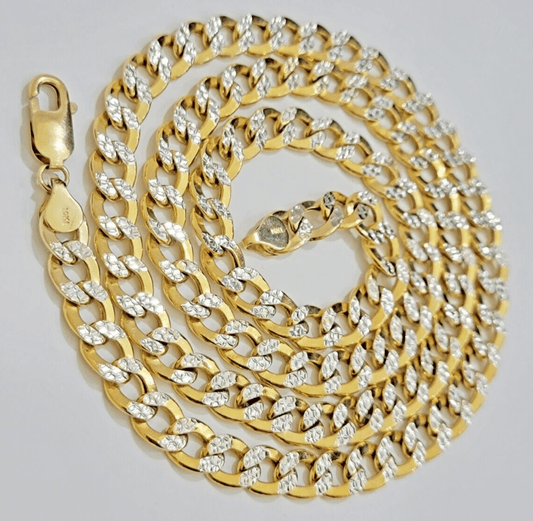 Real 10k Yellow Gold Chain Curb Link Necklace 8mm 28 Inch Diamond Cut Two - tone - Reva Jeweler