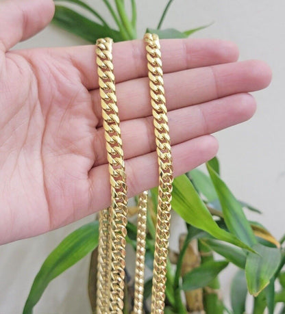 Real 10k Yellow Gold Chain necklace Miami Cuban Link 7mm 20" 22" 24 Inch 10KT - Reva Jeweler
