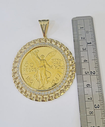 REAL 10k Yellow Gold Charm Centenario Style Coin in Bezel 50 Pesos 1947 For Men - GoldenlinQ