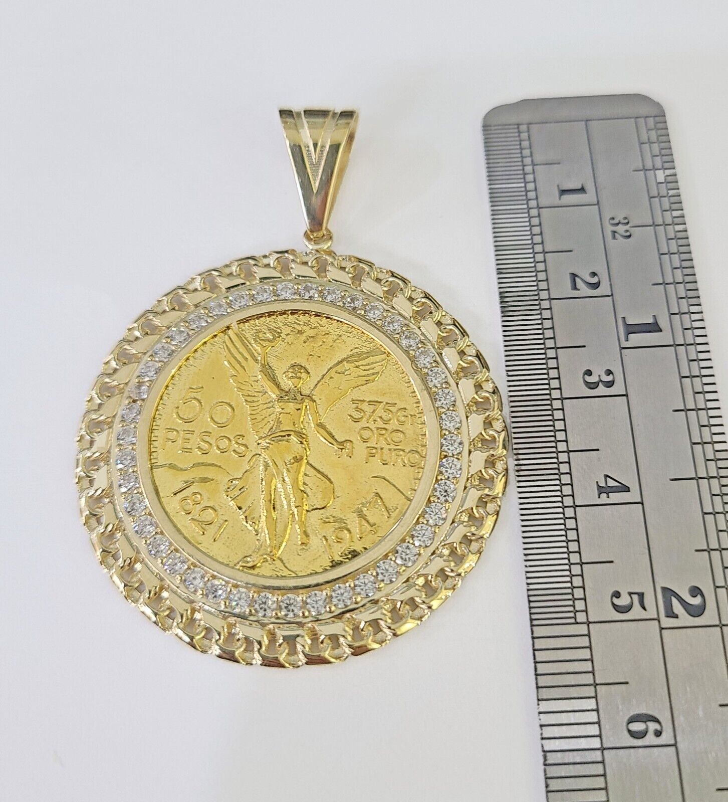 REAL 10k Yellow Gold Charm Centenario Style Coin in Bezel 50 Pesos 1947 For Men - GoldenlinQ
