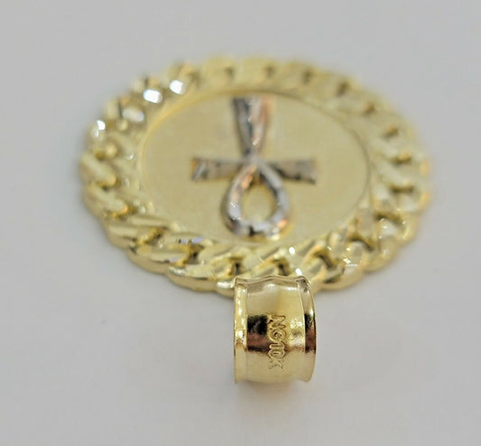 Real 10k Yellow Gold Charm Pendant Ankh Cuban Link Style Medallion Round 10kt - Reva Jeweler