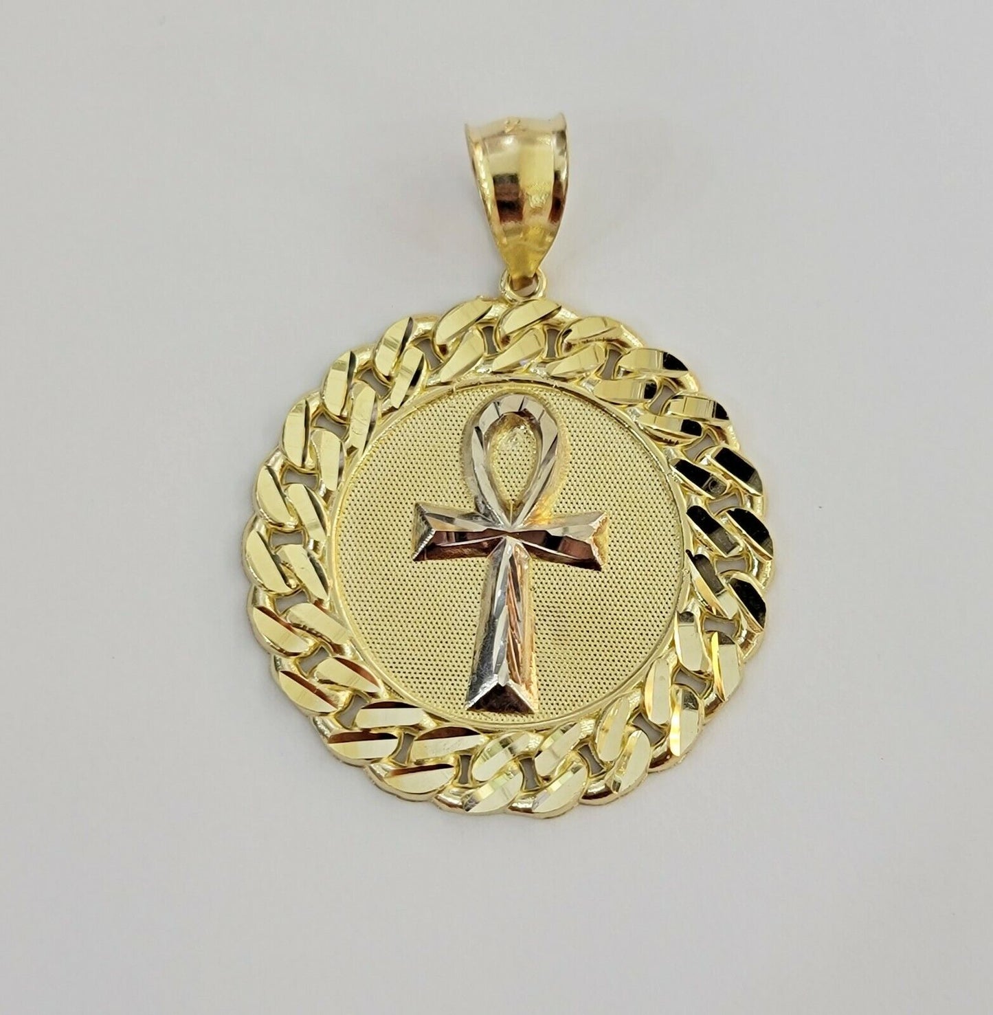 Real 10k Yellow Gold Charm Pendant Ankh Cuban Link Style Medallion Round 10kt - Reva Jeweler