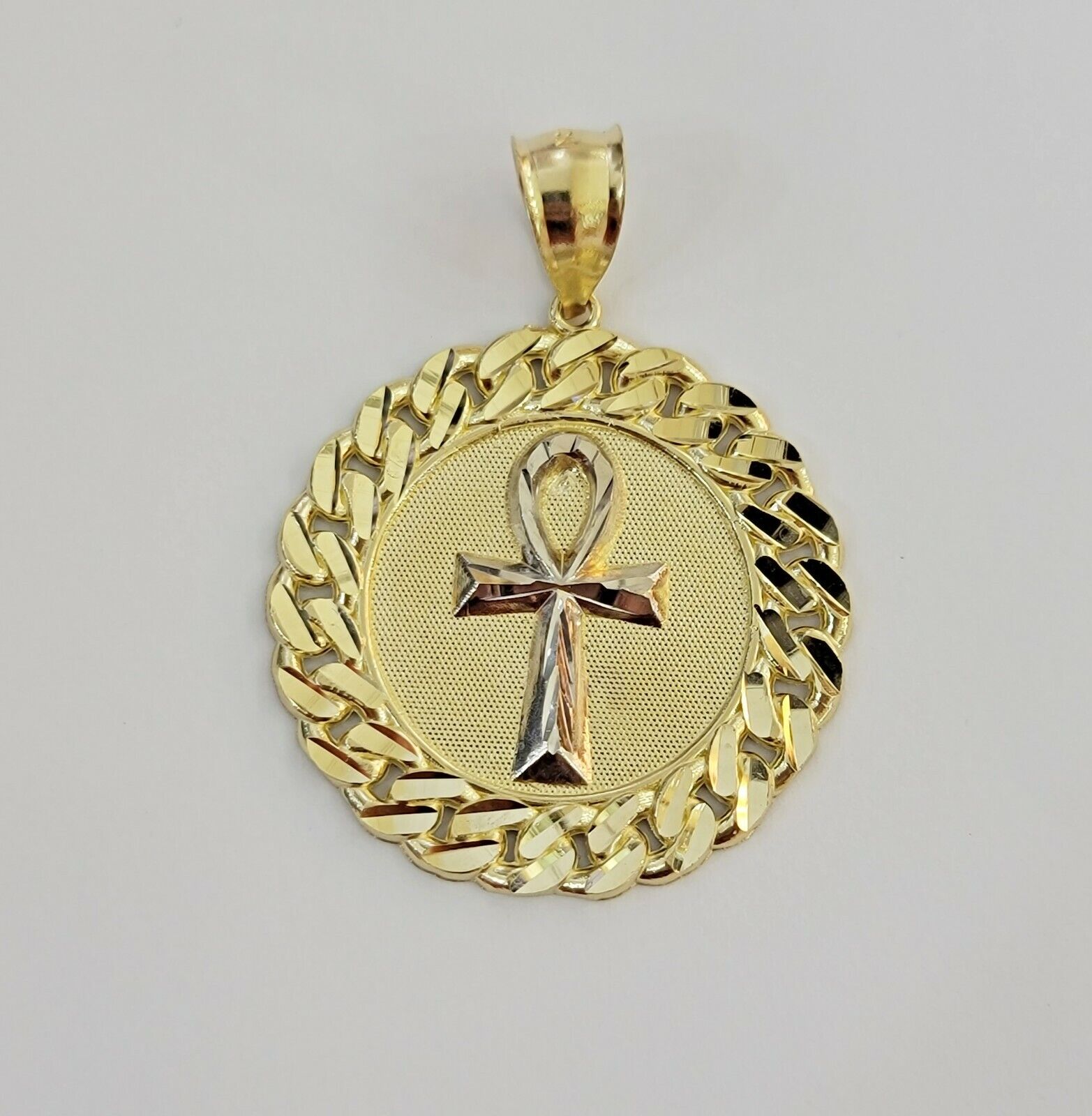 Real 10k Yellow Gold Charm Pendant Ankh Cuban Link Style Medallion Round 10kt - Reva Jeweler