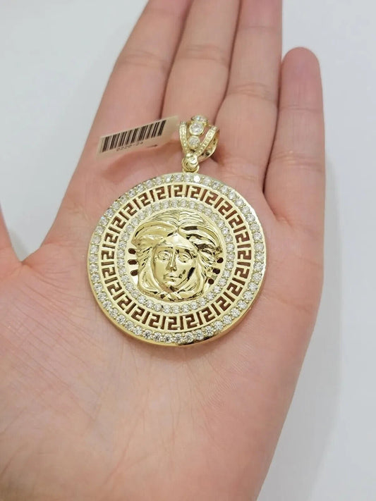 Real 10k Yellow Gold Charm Pendant Circular Round Head With Stones Unique Design - Reva Jeweler