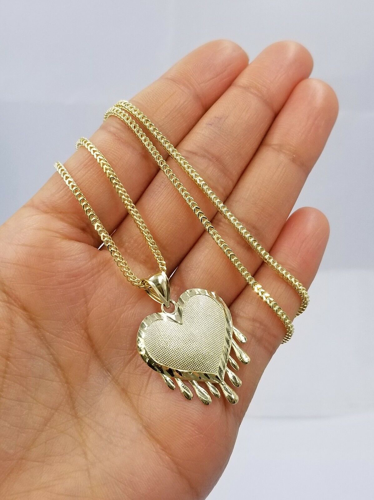Real 10k Yellow Gold Charm Pendant Dripping heart with Franco Chain 18" 2mm - Reva Jeweler