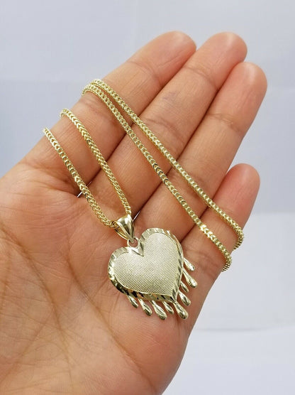 Real 10k Yellow Gold Charm Pendant Dripping heart with Franco Chain 18" 2mm - Reva Jeweler