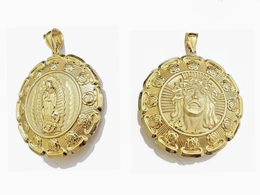 Real 10k Yellow Gold Charm Pendant Jesus Head Face & Virgin Mary 10KT For Men's - Reva Jeweler