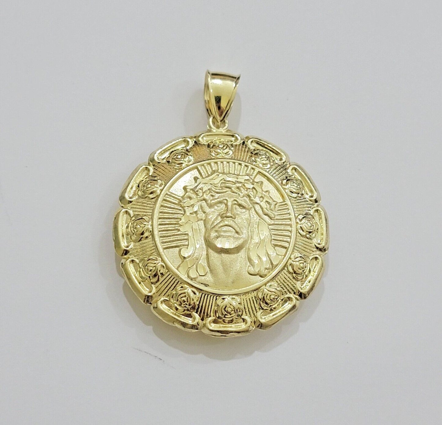 Real 10k Yellow Gold Charm Pendant Jesus Head Face & Virgin Mary 2 Inch 10KT Men - Reva Jeweler