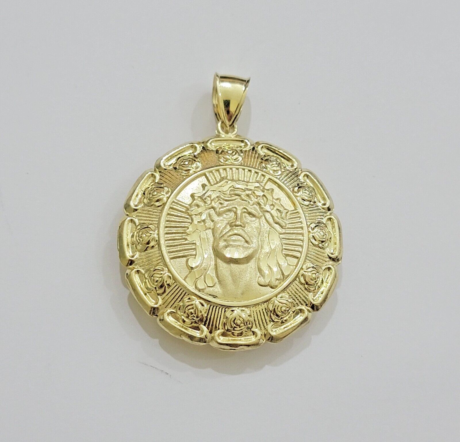 Real 10k Yellow Gold Charm Pendant Jesus Head Face & Virgin Mary 2 Inch 10KT Men - Reva Jeweler