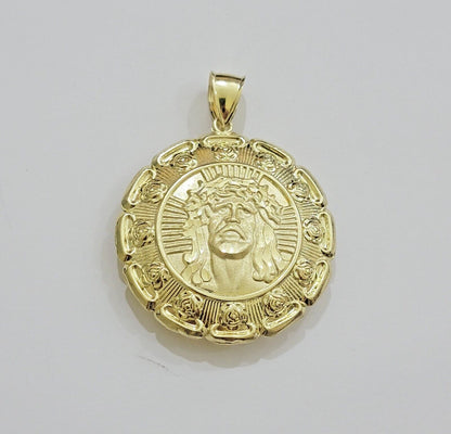 Real 10k Yellow Gold Charm Pendant Jesus Head Face & Virgin Mary 2 Inch 10KT Men - Reva Jeweler