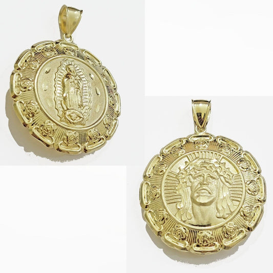 Real 10k Yellow Gold Charm Pendant Jesus Head Face & Virgin Mary 2 Inch 10KT Men - Reva Jeweler