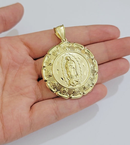 Real 10k Yellow Gold Charm Pendant Jesus Head Face & Virgin Mary 2 Inch 10KT Men - Reva Jeweler