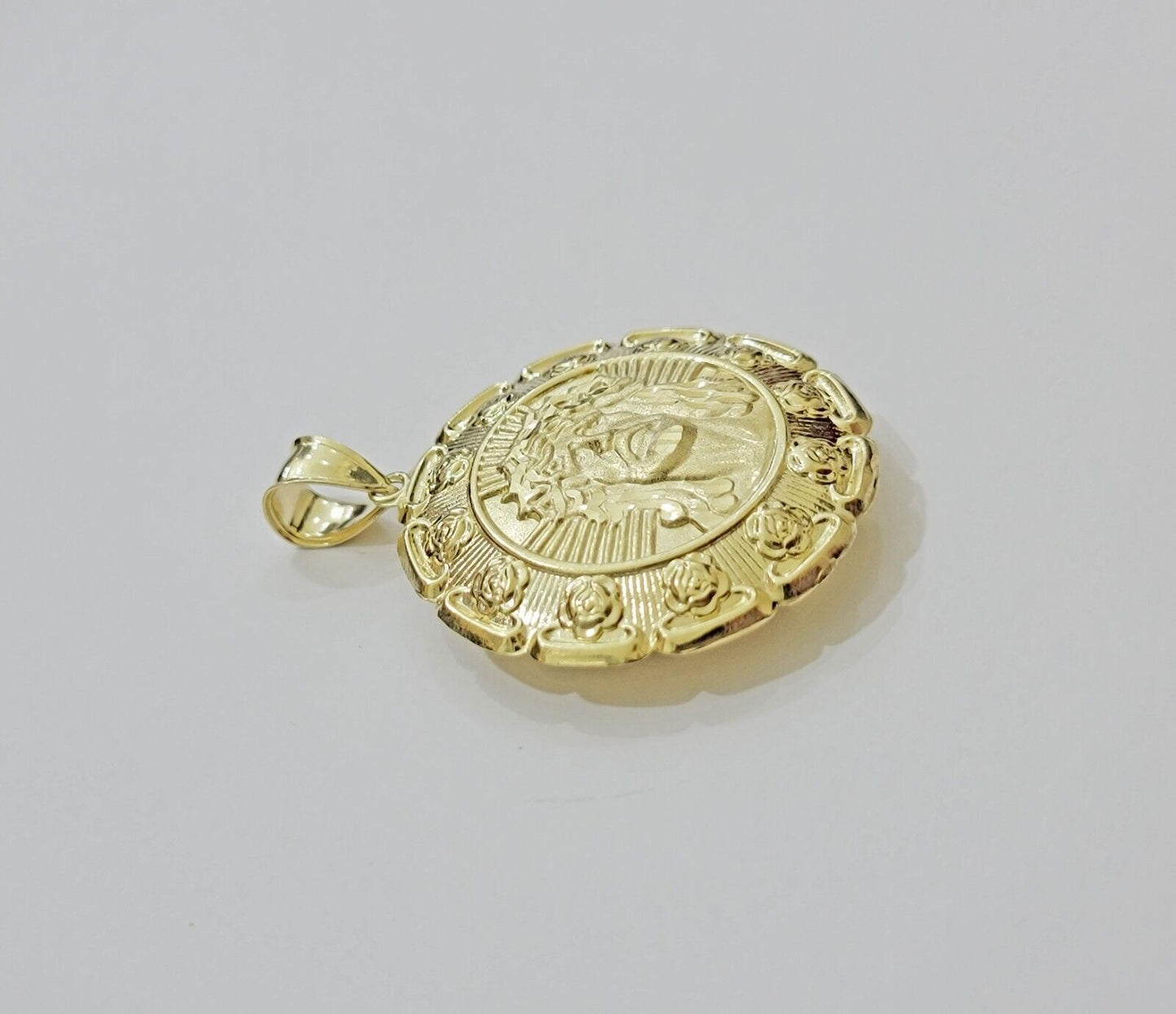Real 10k Yellow Gold Charm Pendant Jesus Head Face & Virgin Mary 2 Inch 10KT Men - Reva Jeweler