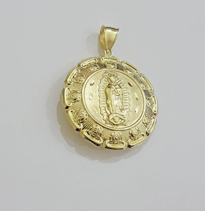 Real 10k Yellow Gold Charm Pendant Jesus Head Face & Virgin Mary 2 Inch 10KT Men - Reva Jeweler