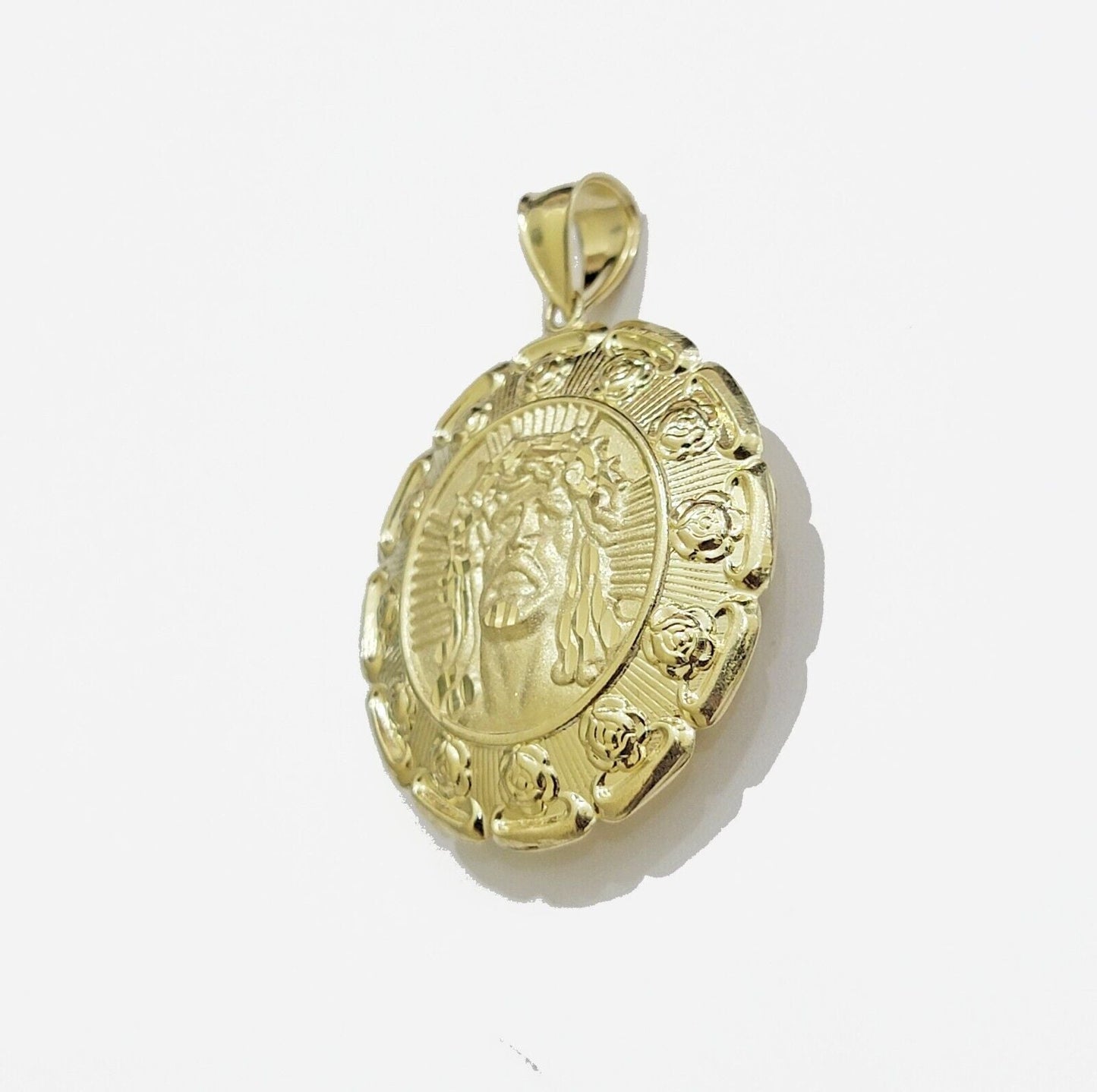 Real 10k Yellow Gold Charm Pendant Jesus Head Face & Virgin Mary 2 Inch 10KT Men - Reva Jeweler