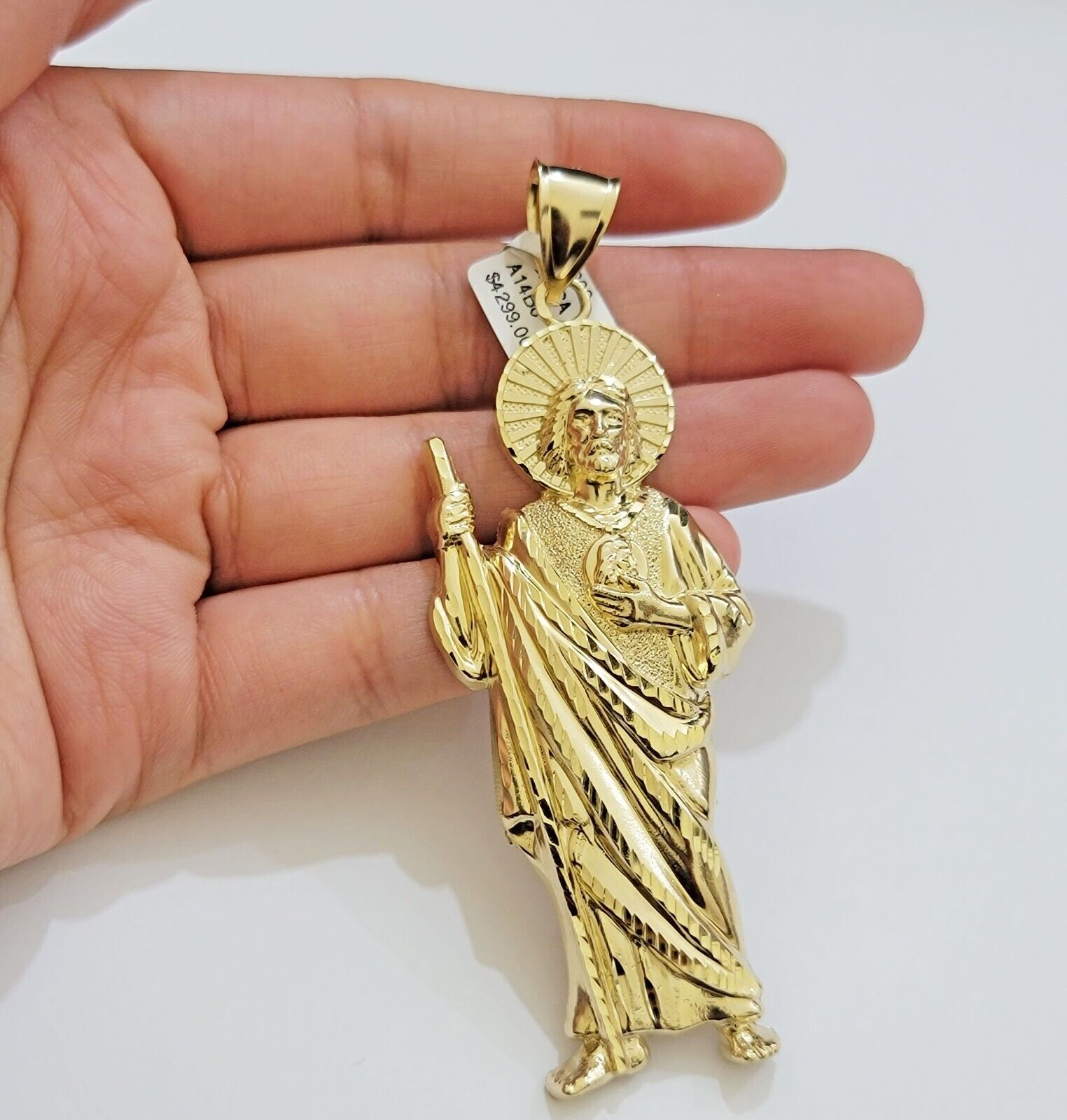 Real 10k Yellow Gold Charm Saint Juda Pendant Men's 3.5 Inch Jude the Apostle - Reva Jeweler