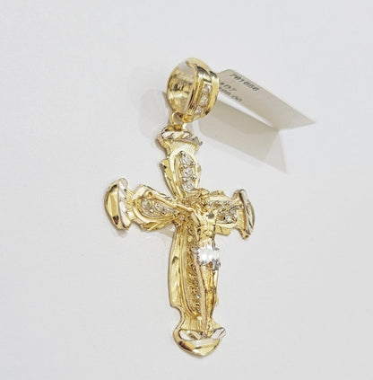 Real 10k Yellow Gold Cross Charm pendant Cuban Link Chain Necklace 5mm 24" SET - Reva Jeweler