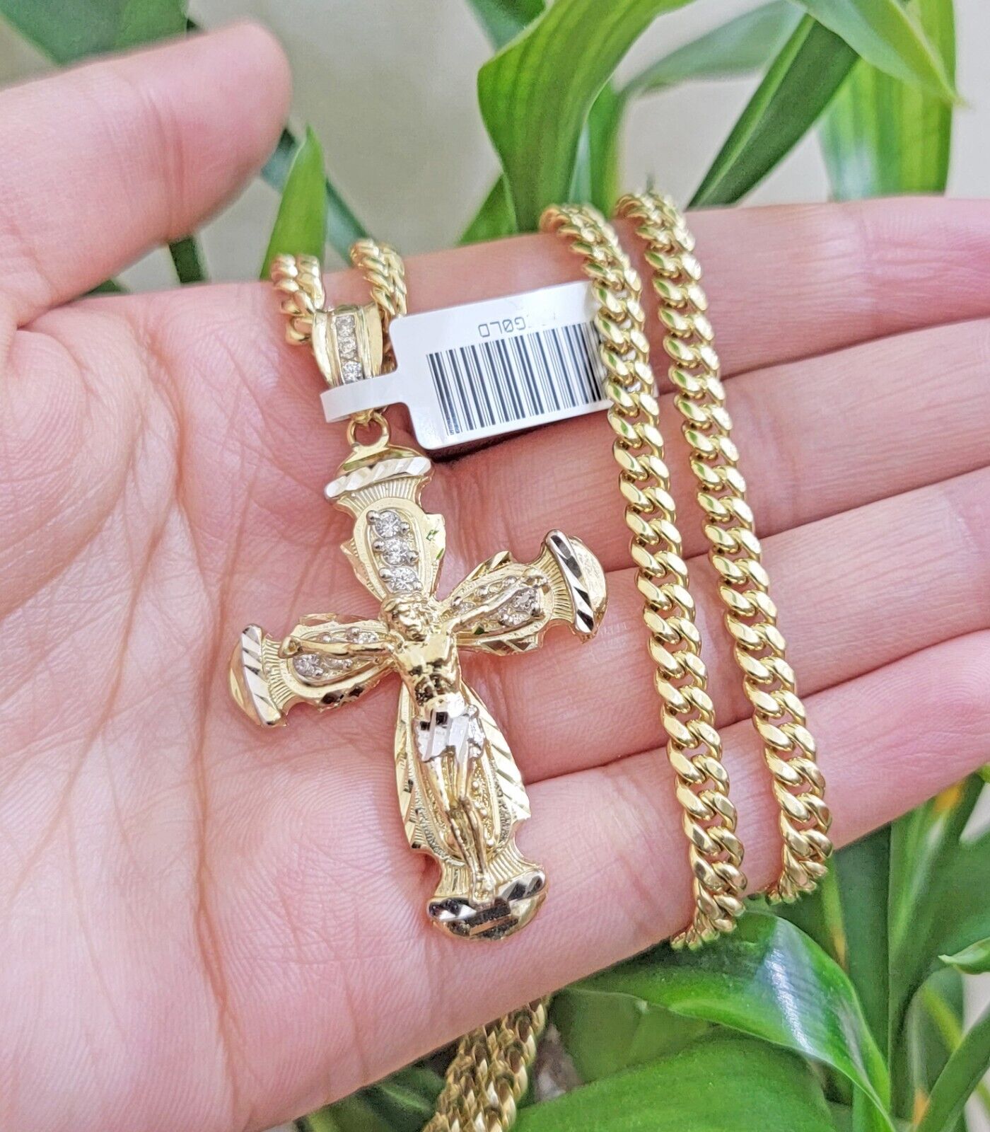 Real 10k Yellow Gold Cross Charm pendant Cuban Link Chain Necklace 5mm 24" SET - Reva Jeweler