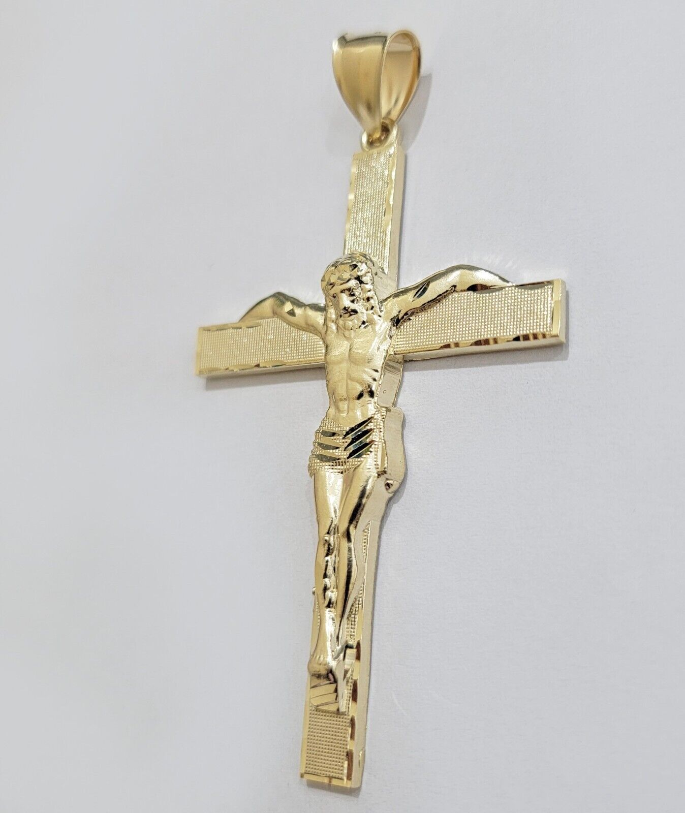 Real 10k Yellow Gold Cross Charm Pendant Jesus Crucifix 3.5" Inch 10KT For Chain - Reva Jeweler