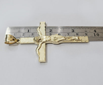 Real 10k Yellow Gold Cross Charm Pendant Jesus Crucifix 3.5" Inch 10KT For Chain - Reva Jeweler