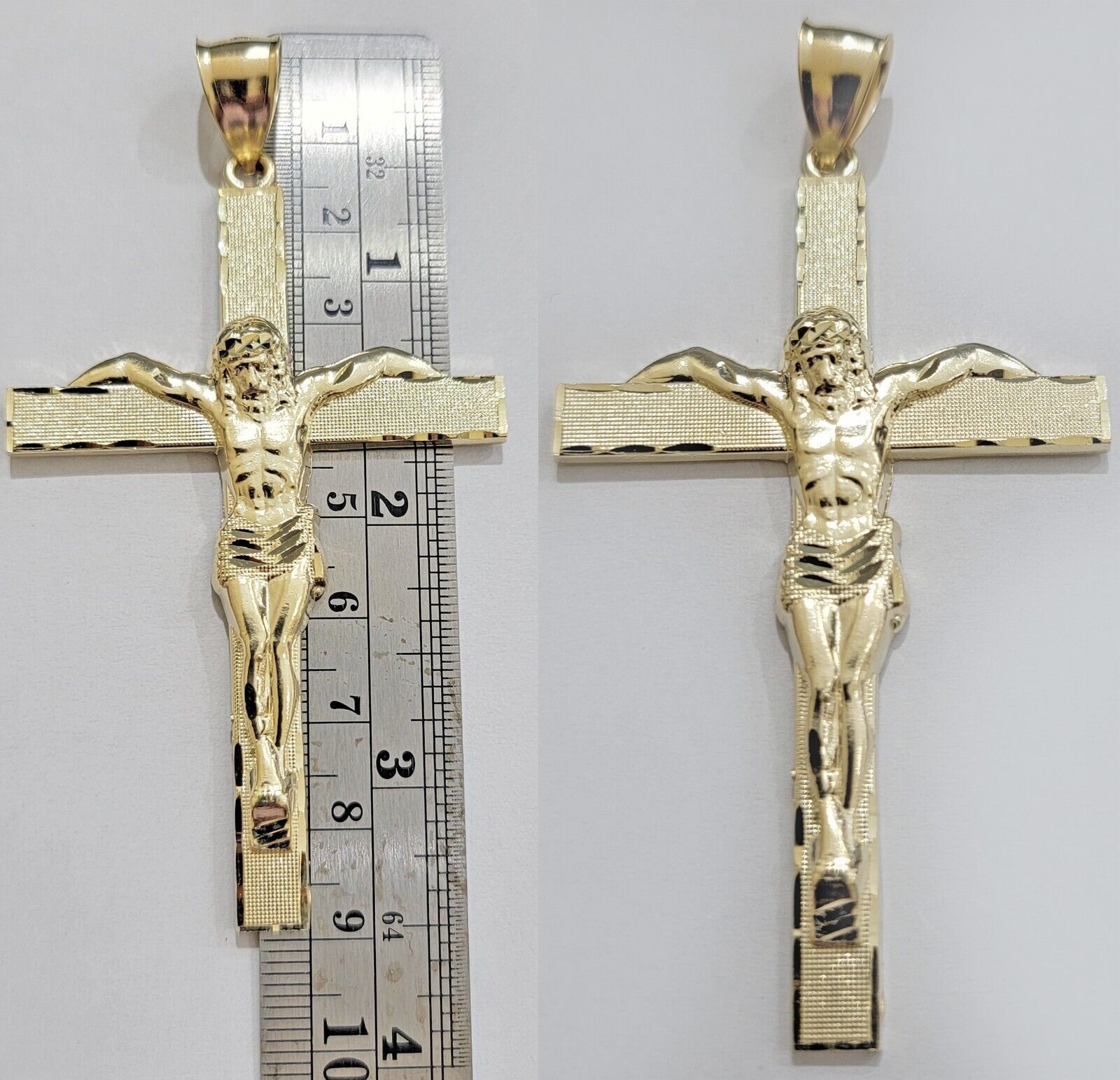 Real 10k Yellow Gold Cross Charm Pendant Jesus Crucifix 3.5" Inch 10KT For Chain - Reva Jeweler