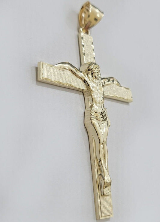Real 10k Yellow Gold Cross Charm Pendant Jesus Crucifix 3.5" Inch 10KT For Chain - Reva Jeweler