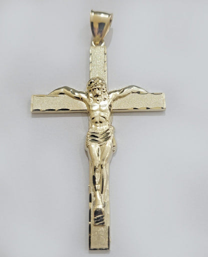 Real 10k Yellow Gold Cross Charm Pendant Jesus Crucifix 3.5" Inch 10KT For Chain - Reva Jeweler