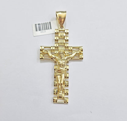 Real 10k Yellow Gold Cross Charm Pendant Mens Jesus Crucifix 3 Inch For Chain - Reva Jeweler