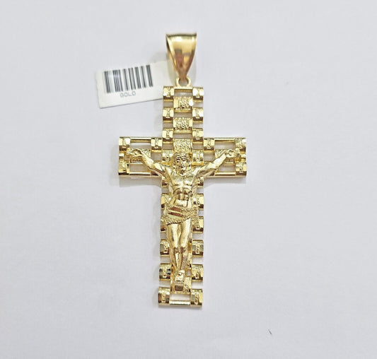 Real 10k Yellow Gold Cross Charm Pendant Mens Jesus Crucifix 3 Inch For Chain - Reva Jeweler