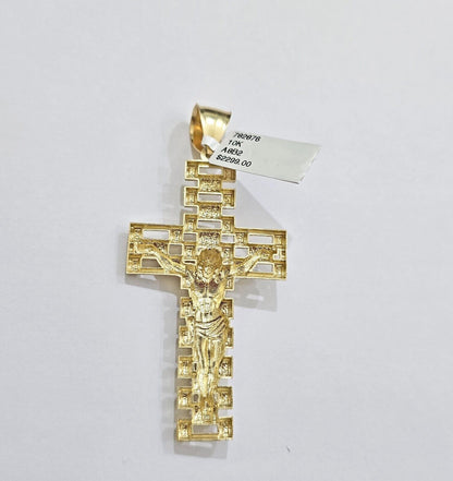 Real 10k Yellow Gold Cross Charm Pendant Mens Jesus Crucifix 3 Inch For Chain - Reva Jeweler