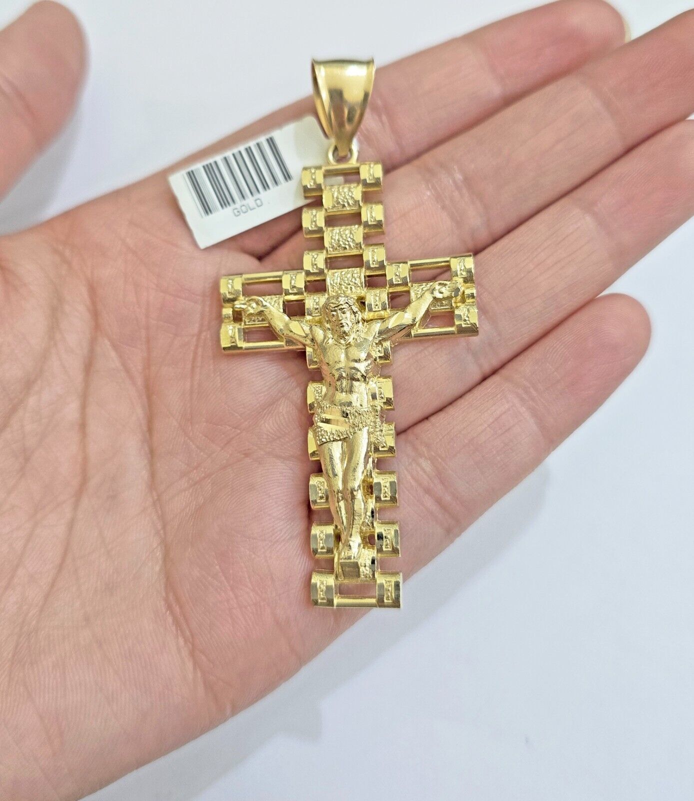Real 10k Yellow Gold Cross Charm Pendant Mens Jesus Crucifix 3 Inch For Chain - Reva Jeweler