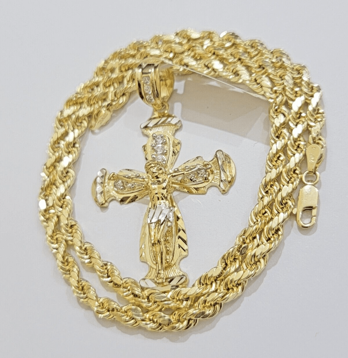 Real 10k Yellow Gold Cross Charm pendant Rope Chain Necklace 5mm 24" SET For Men - Reva Jeweler