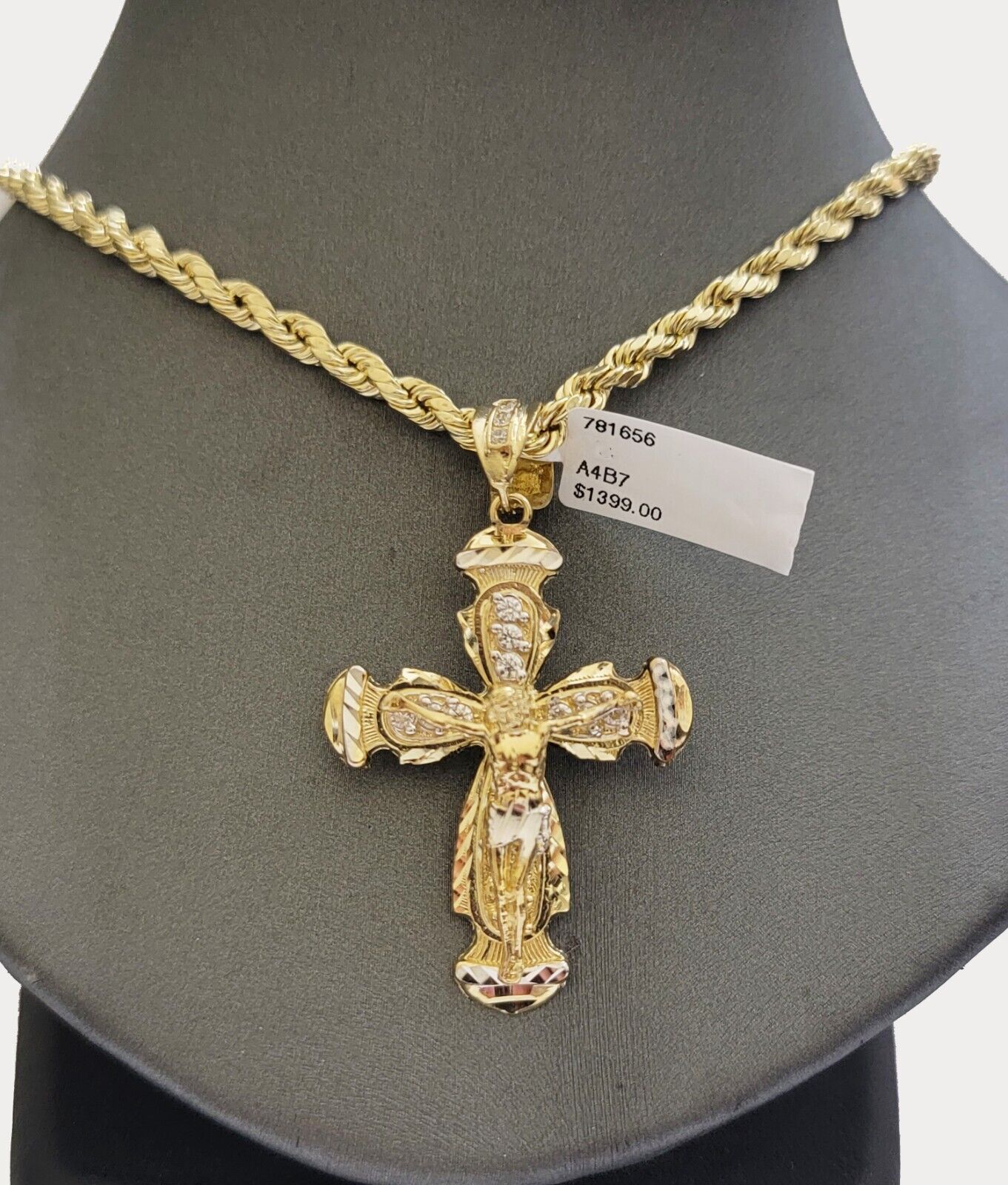 Real 10k Yellow Gold Cross Charm pendant Rope Chain Necklace 5mm 24" SET For Men - Reva Jeweler