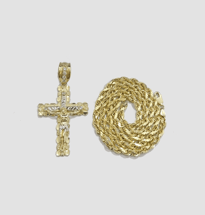 Real 10k Yellow Gold Cross Charm Rope Chain 4mm 18'' Necklace Pendant 10kt Jesus - Reva Jeweler