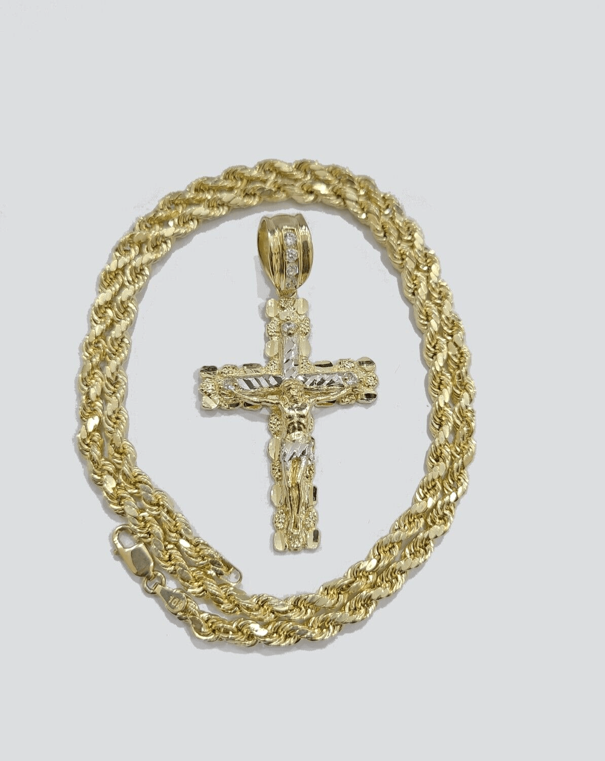 Real 10k Yellow Gold Cross Charm Rope Chain 4mm 18'' Necklace Pendant 10kt Jesus - Reva Jeweler