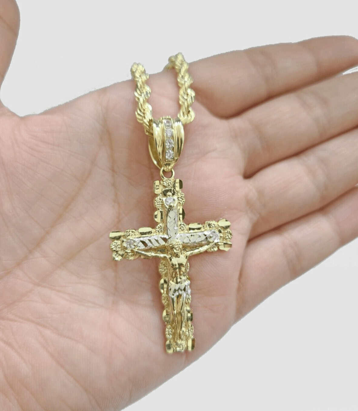 Real 10k Yellow Gold Cross Charm Rope Chain 4mm 26'' Necklace Pendant 10kt Jesus - Reva Jeweler