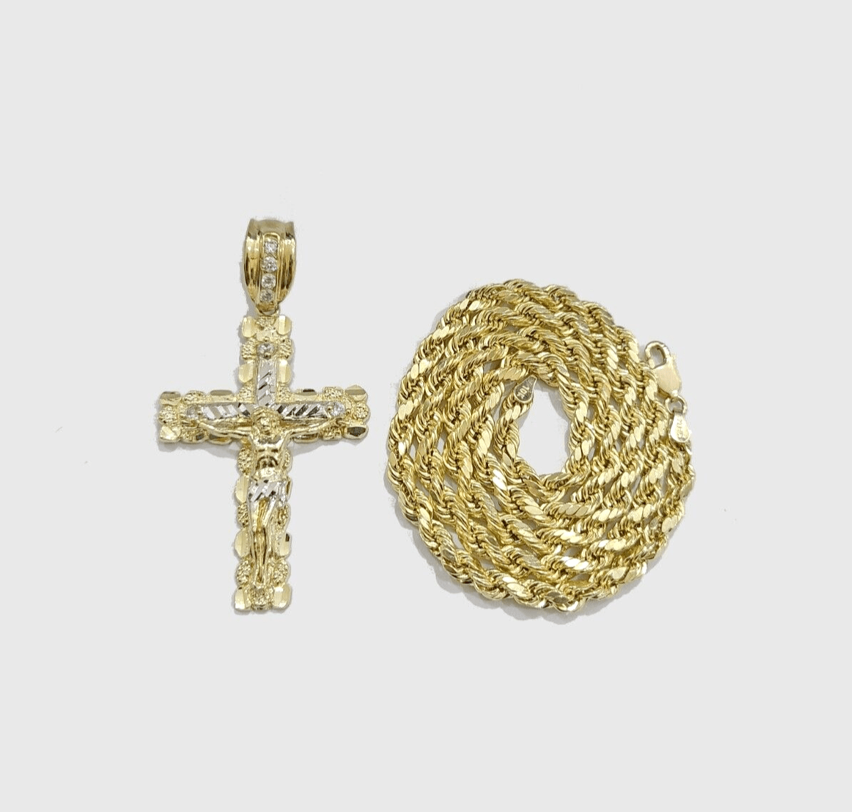 Real 10k Yellow Gold Cross Charm Rope Chain 4mm 26'' Necklace Pendant 10kt Jesus - Reva Jeweler