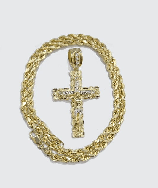 Real 10k Yellow Gold Cross Charm Rope Chain 4mm 26'' Necklace Pendant 10kt Jesus - Reva Jeweler