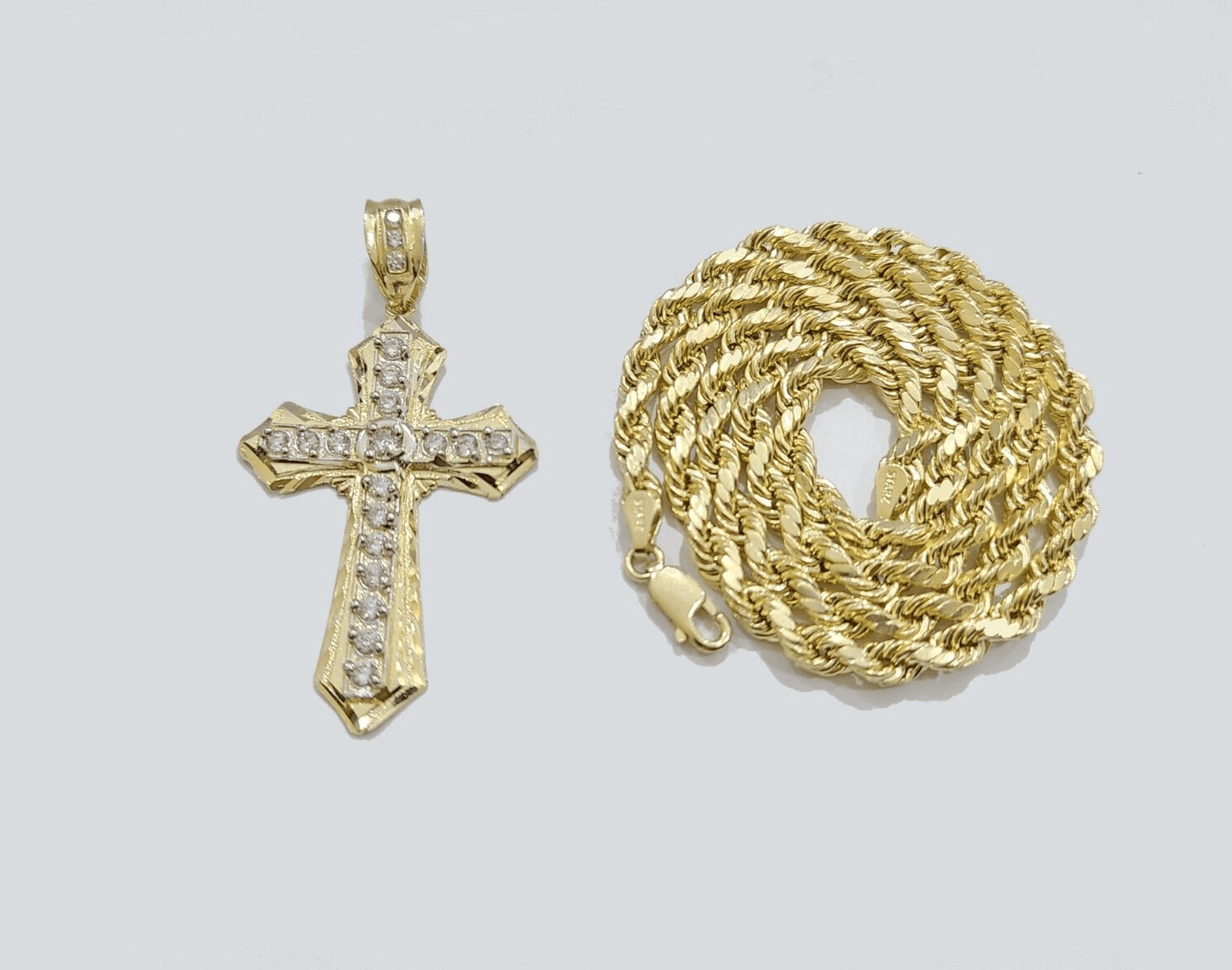 Real 10k Yellow Gold Cross Charm Rope Chain Necklace 4mm 20'' Pendant 10kt Jesus - Reva Jeweler