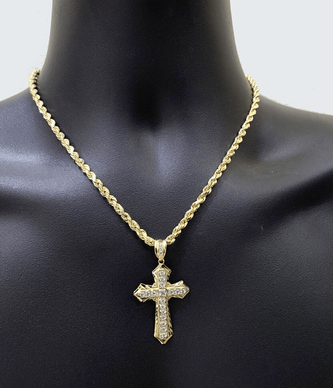 Real 10k Yellow Gold Cross Charm Rope Chain Necklace 4mm 22'' Pendant 10kt Jesus - Reva Jeweler