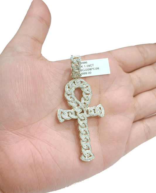 Real 10k Yellow Gold Cross Diamond Charm Pendant 2.5'' inches Genuine 10kt - GoldenlinQ