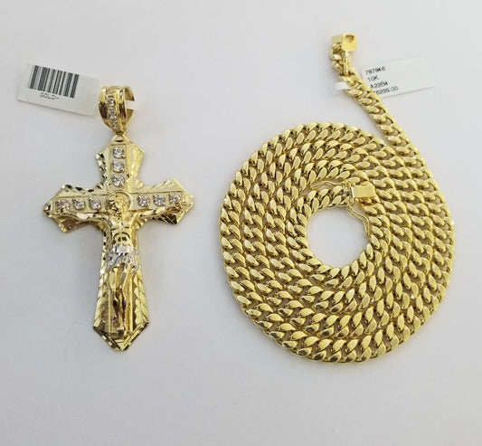 Real 10k Yellow Gold Cross Miami Cuban Link Chain Jesus Charm Pendant 6mm 24" - Reva Jeweler