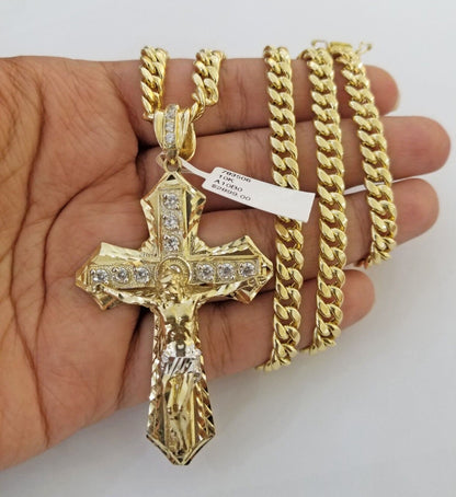 Real 10k Yellow Gold Cross Miami Cuban Link Chain Jesus Charm Pendant 6mm 24" - Reva Jeweler