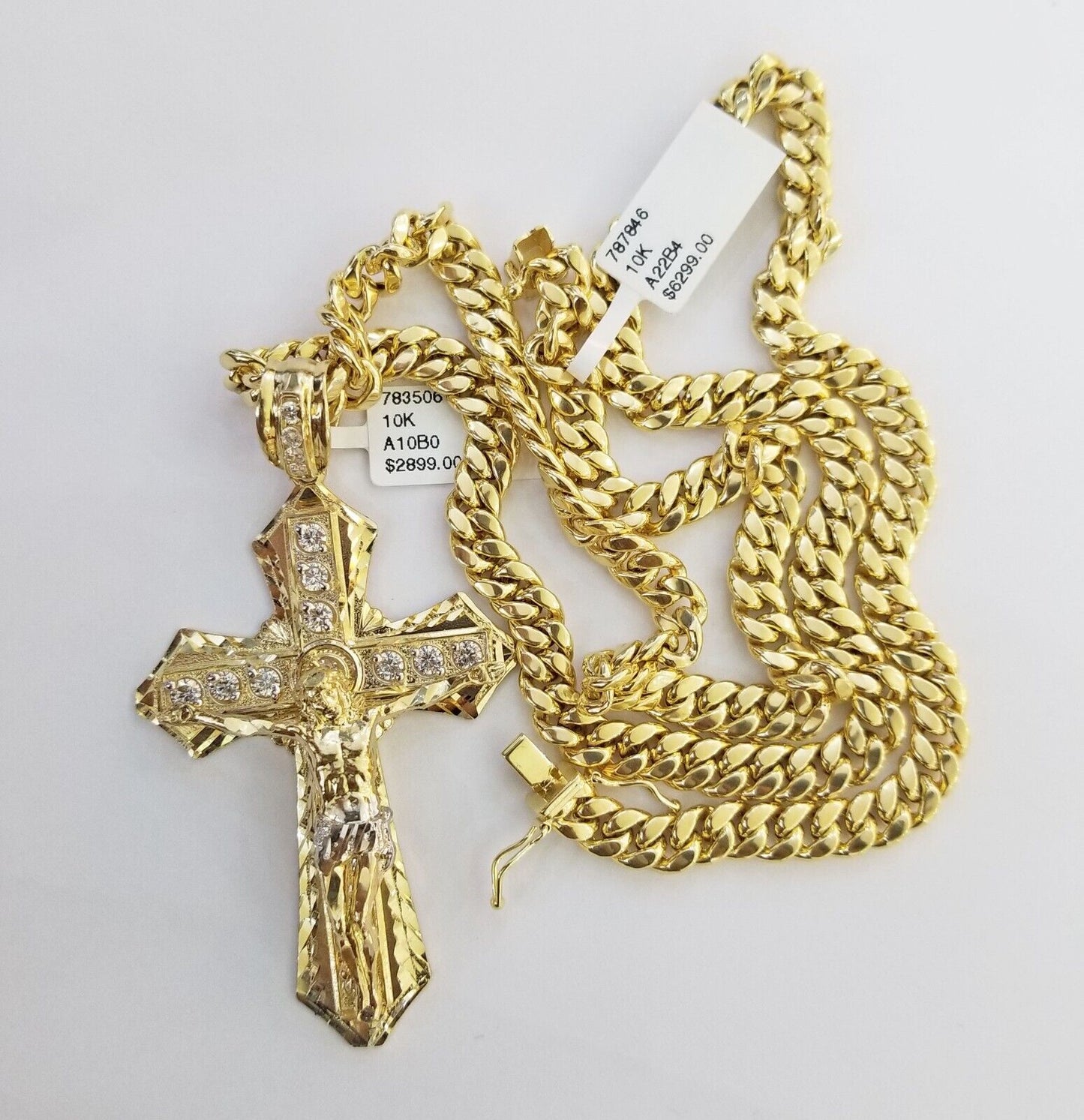 Real 10k Yellow Gold Cross Miami Cuban Link Chain Jesus Charm Pendant 6mm 24" - Reva Jeweler