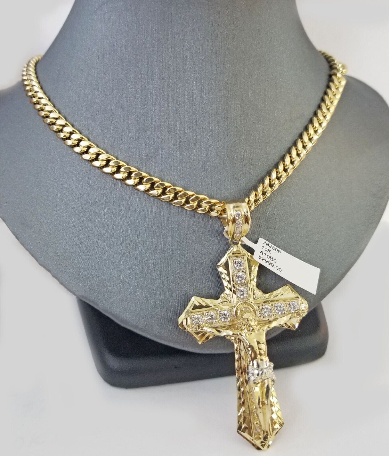 Real 10k Yellow Gold Cross Miami Cuban Link Chain Jesus Charm Pendant 6mm 24" - Reva Jeweler