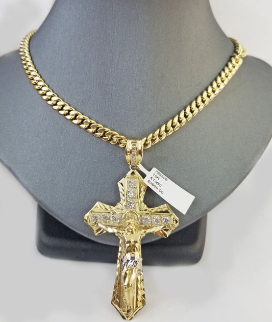 Real 10k Yellow Gold Cross Miami Cuban Link Chain Jesus Charm Pendant 6mm 24" - Reva Jeweler