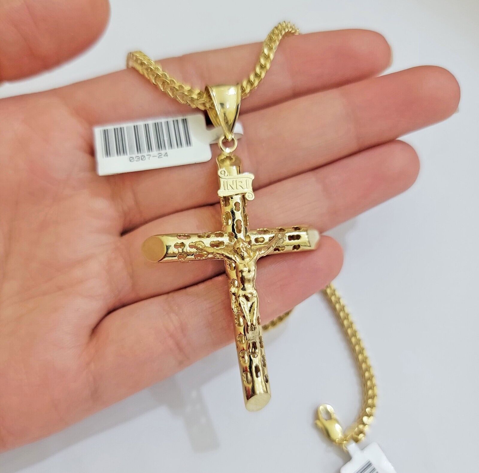 REAL 10k Yellow Gold Cross Pendant Franco Chain Necklace 22 Inch &Jesus Crucifix - Reva Jeweler